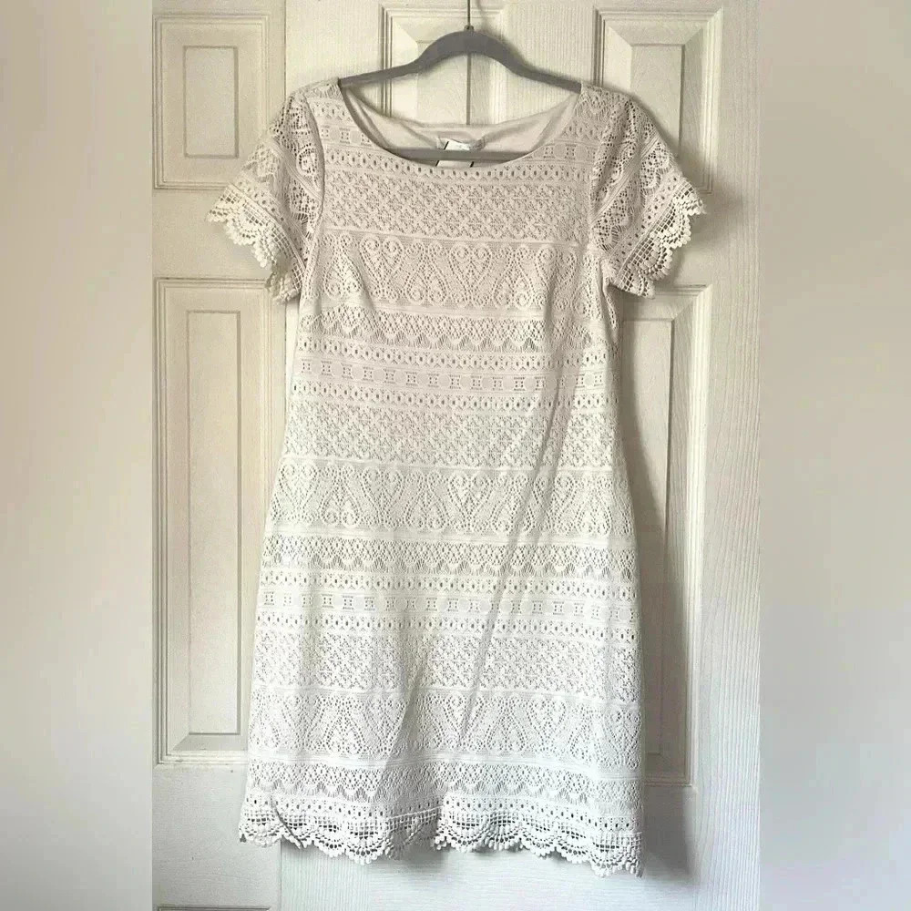 London Times sz 6 lined beige lace short sleeve shift dress Ivory Lace Crochet